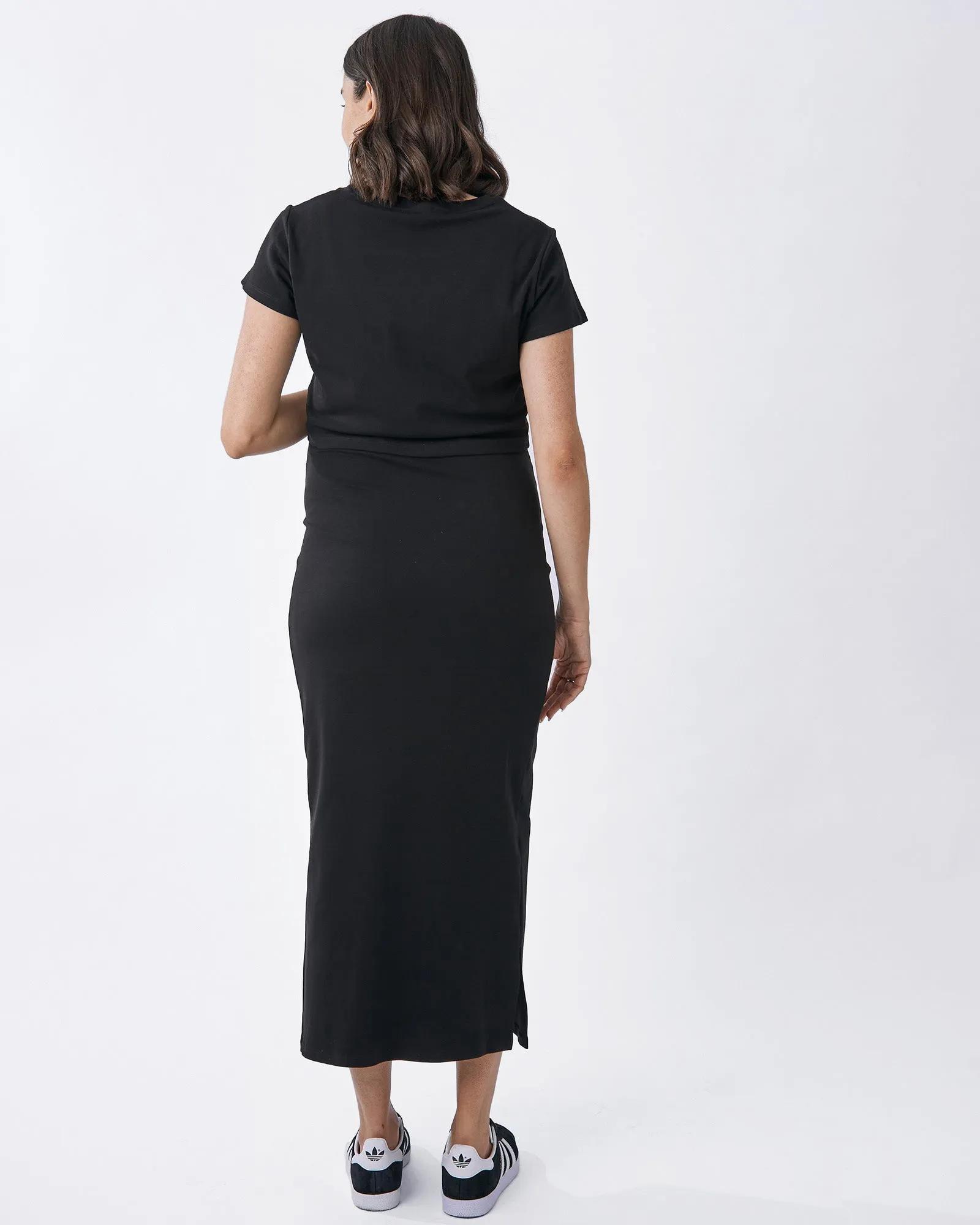 2 piece Maternity Ribbed  Midi Dress with Short Sleeve Set - Black