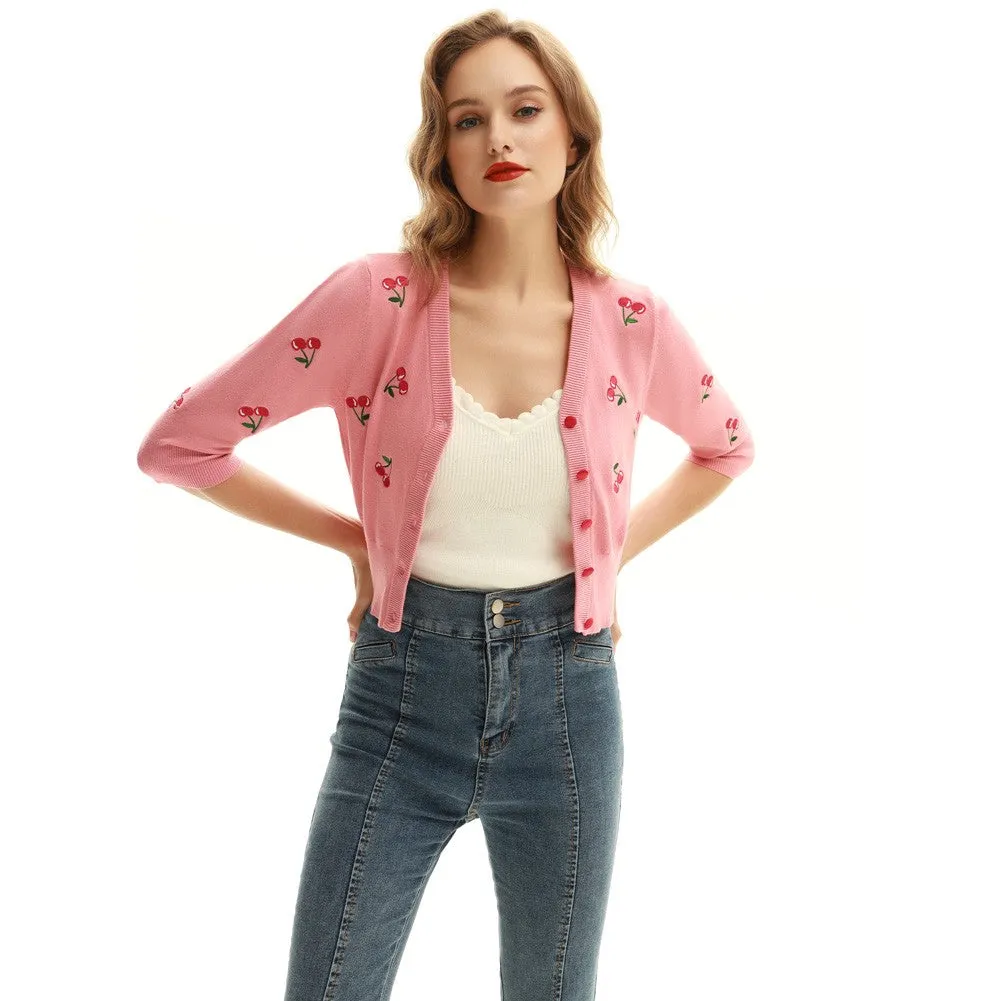 3/4 Sleeve V-Neck Button Down Cherries Embroidery Cropped Cardigan Sweater Coat