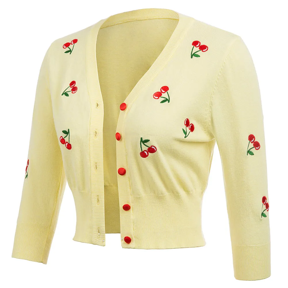 3/4 Sleeve V-Neck Button Down Cherries Embroidery Cropped Cardigan Sweater Coat