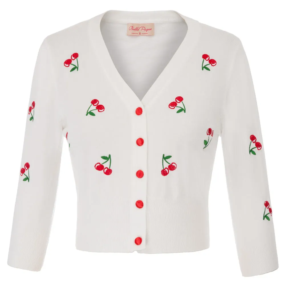 3/4 Sleeve V-Neck Button Down Cherries Embroidery Cropped Cardigan Sweater Coat