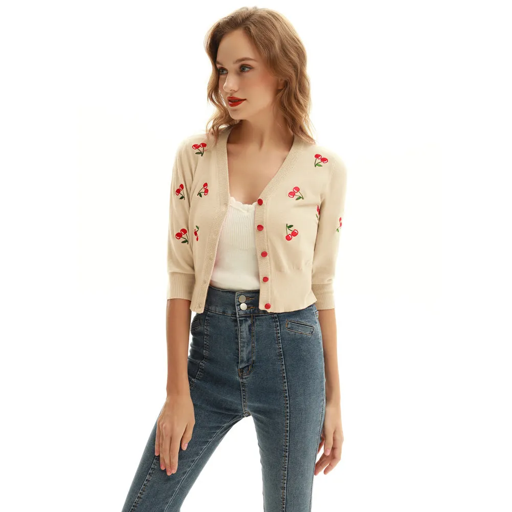 3/4 Sleeve V-Neck Button Down Cherries Embroidery Cropped Cardigan Sweater Coat