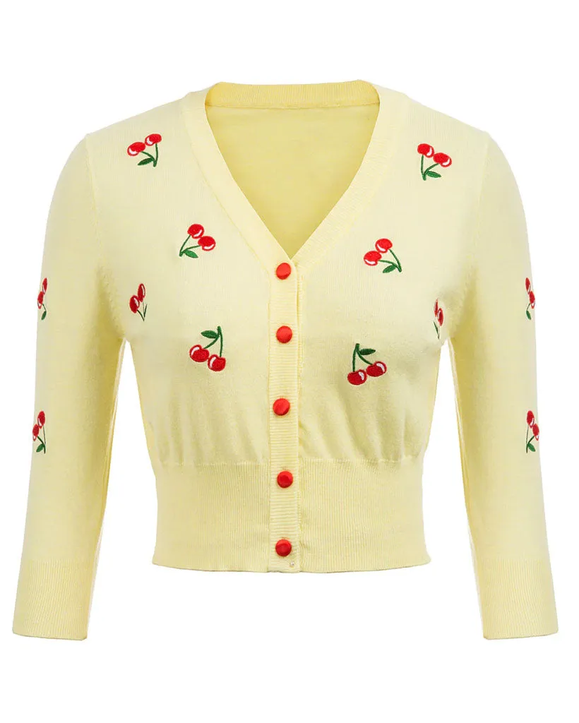 3/4 Sleeve V-Neck Button Down Cherries Embroidery Cropped Cardigan Sweater Coat