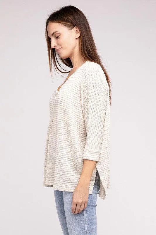 3/4 Sleeve V-Neck Hi-Low Hem Jacquard Sweater