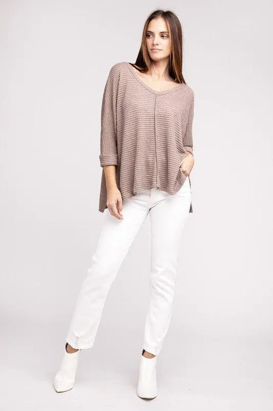 3/4 Sleeve V-Neck Hi-Low Hem Jacquard Sweater