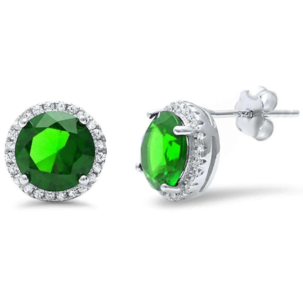 .925 Sterling Silver Earring Halo Cubic Zirconia Emerald Green Studs for Women