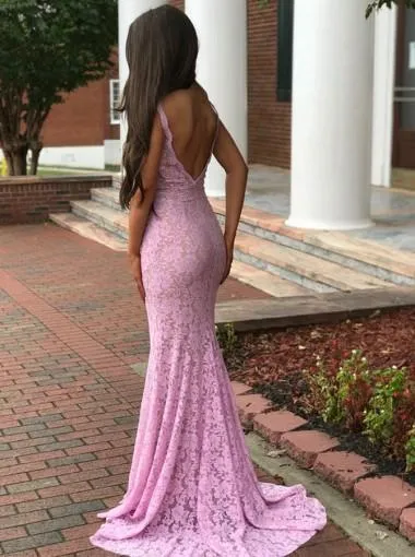 Backless V Neck Lace Mermaid Long Evening Prom Dresses, 17704