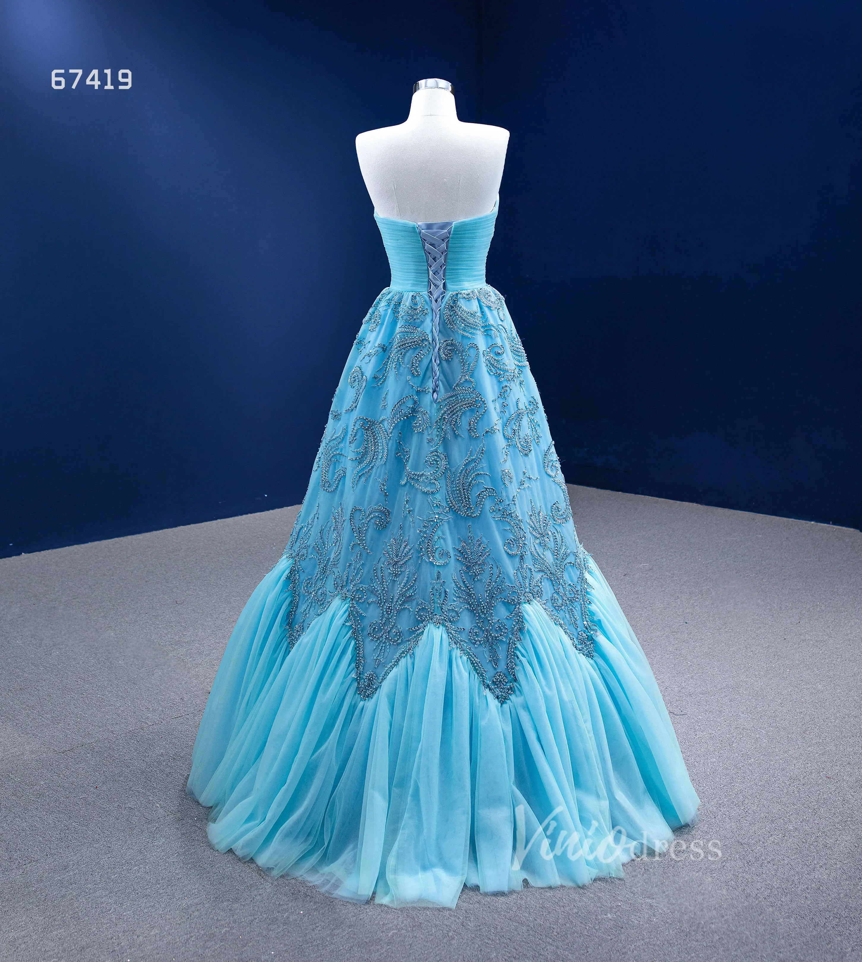 Beaded Aqua Blue Pageant Gown Ruffled Tulle Prom Dress 2022 67419