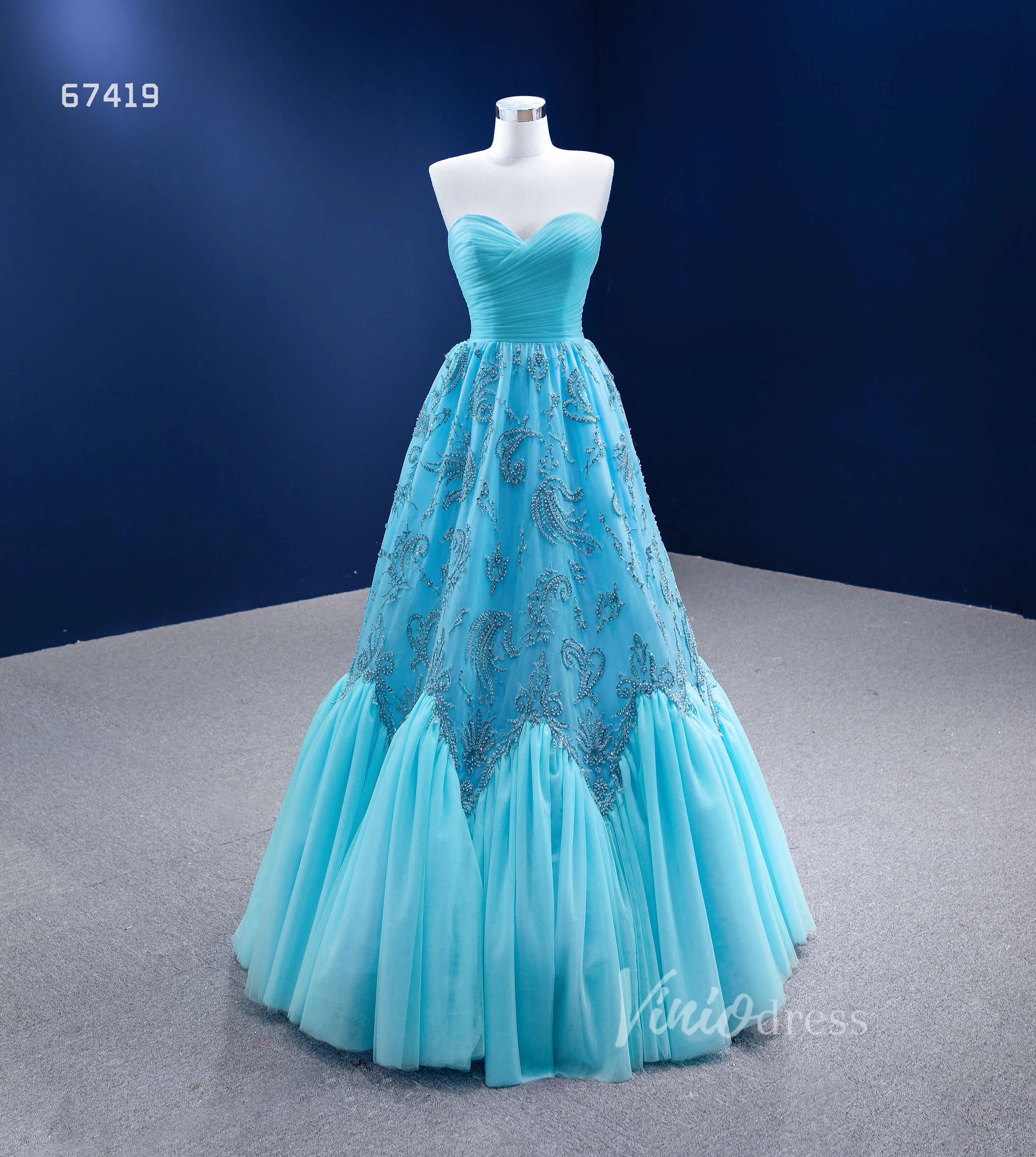 Beaded Aqua Blue Pageant Gown Ruffled Tulle Prom Dress 2022 67419