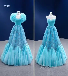 Beaded Aqua Blue Pageant Gown Ruffled Tulle Prom Dress 2022 67419