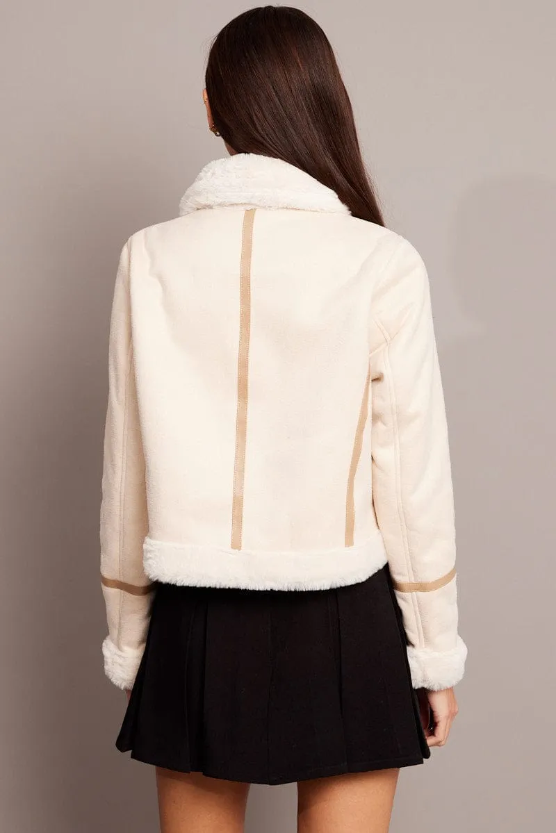 Beige Aviator Jacket Long Sleeve Faux Leather