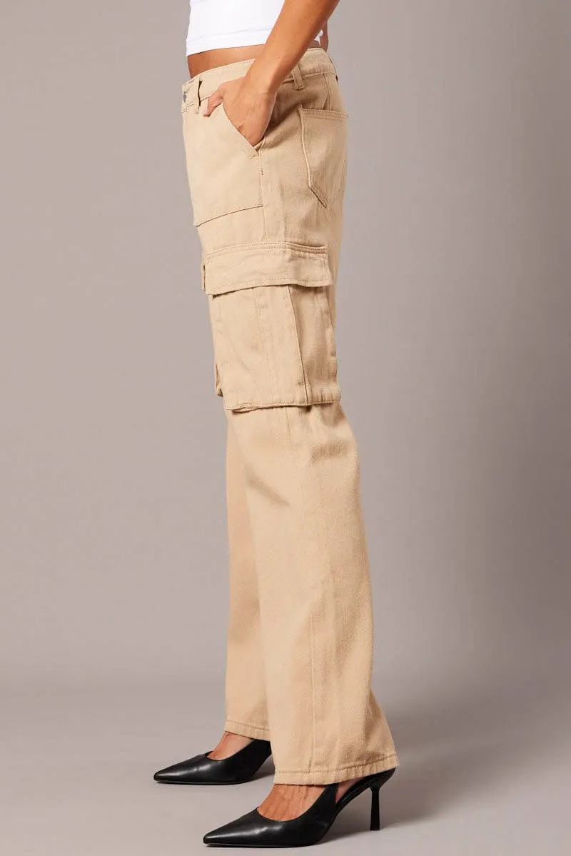 Beige Cargo Jean Mid Rise