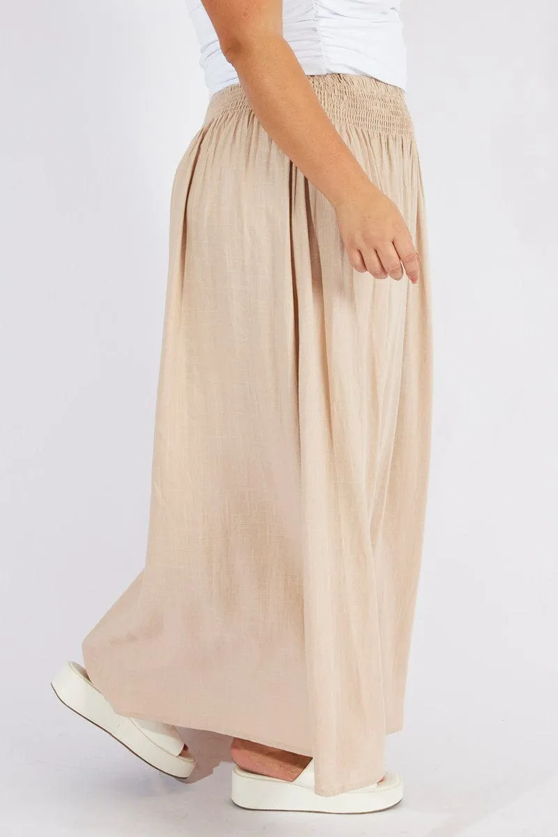 Beige Shirred Linen Blend Maxi Skirt