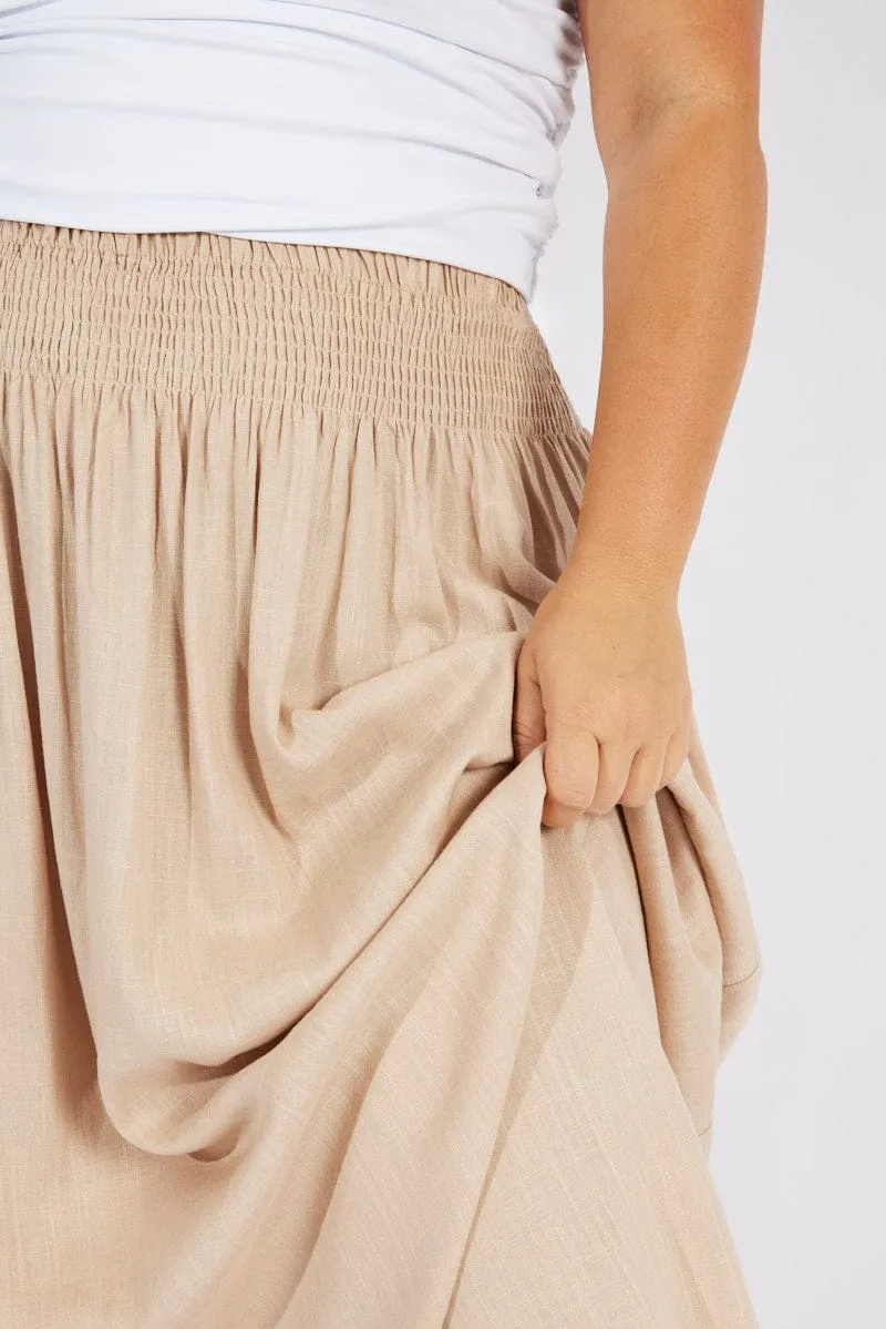 Beige Shirred Linen Blend Maxi Skirt