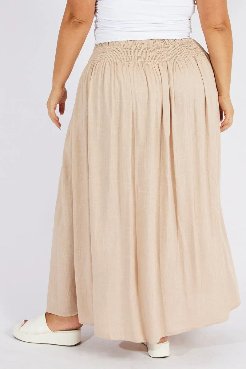 Beige Shirred Linen Blend Maxi Skirt