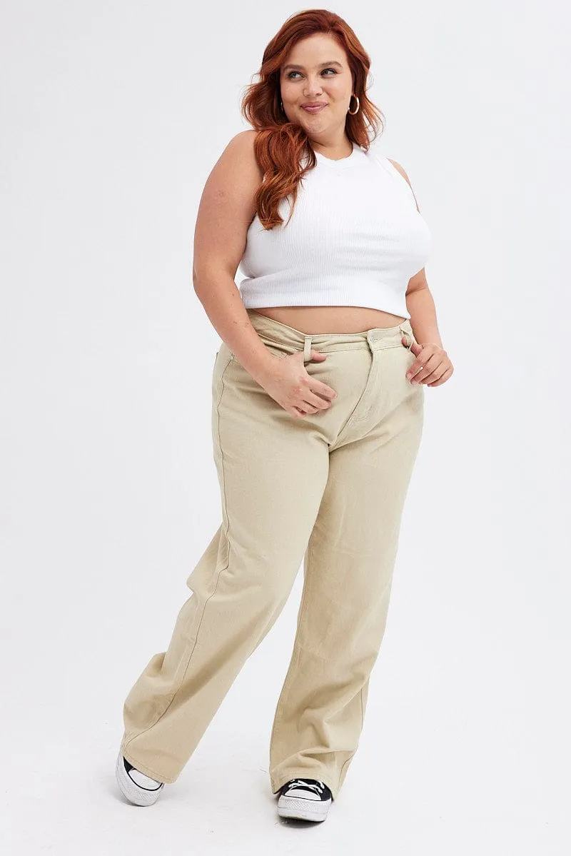 Beige Wide Leg Denim Jeans High rise