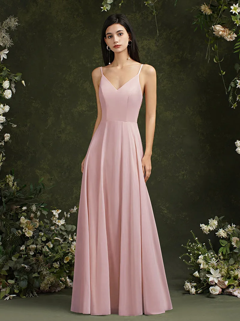 Biztunnel Long A-line V-neck Backless Satin Bridesmaid Dresses