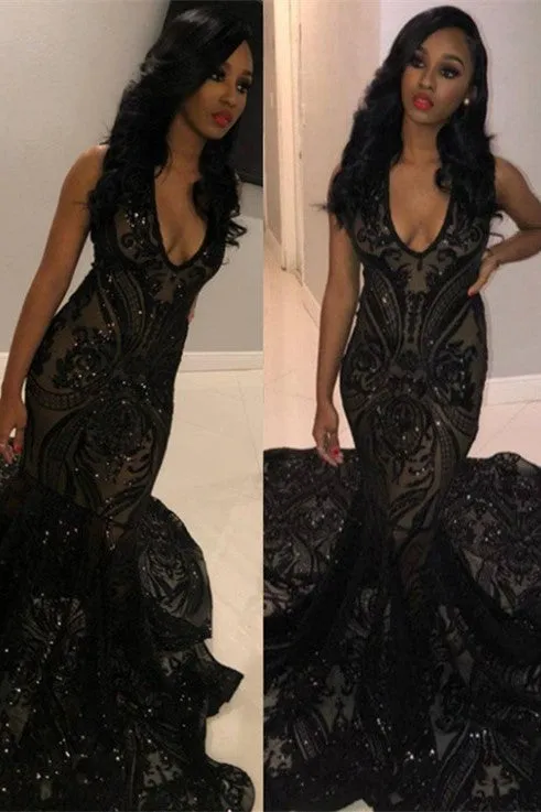 Black Girl Prom Dress Sexy Black Sleeveless Prom Dresses V-Neck Mermaid Sequins Evening Dresses Cheap bc1803