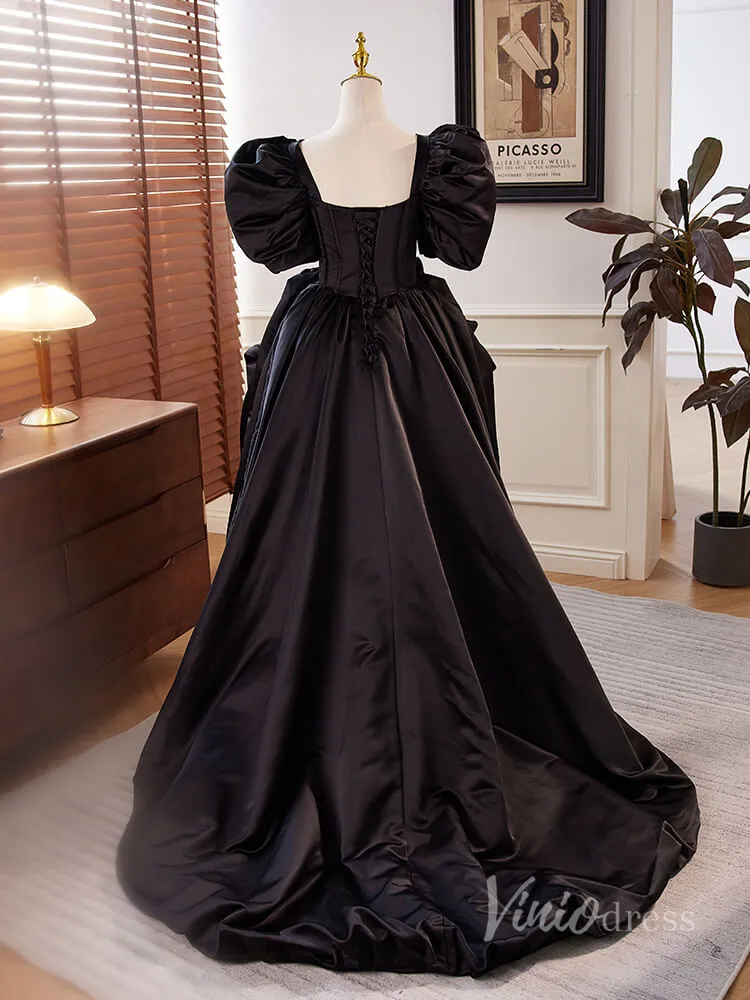 Black High-Low Satin Prom Dresses Puffed Sleeve Boned Boidce Pearl Neckline 90030