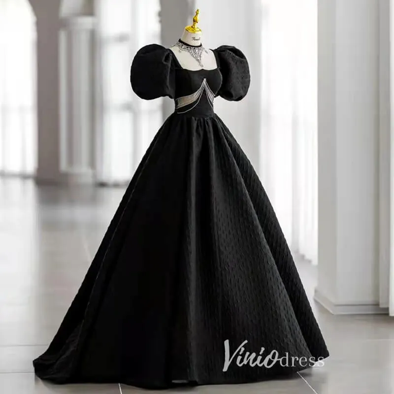 Black Satin Quinceanera Dresses Puffed Sleeve Prom Ball Gown FD3243