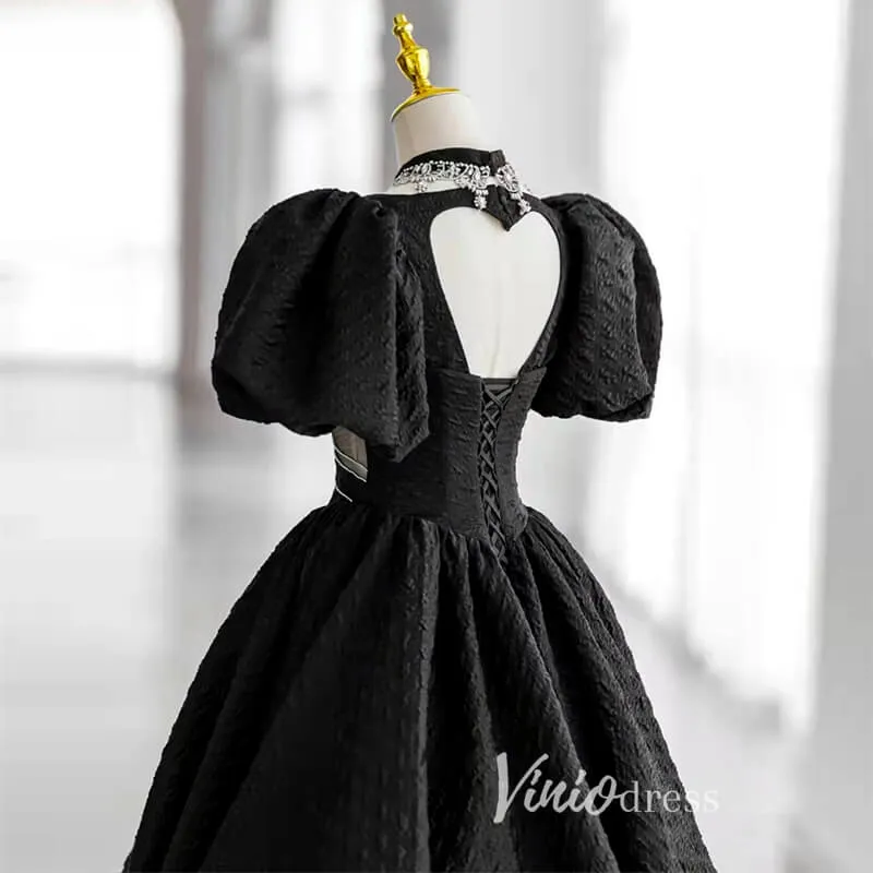 Black Satin Quinceanera Dresses Puffed Sleeve Prom Ball Gown FD3243