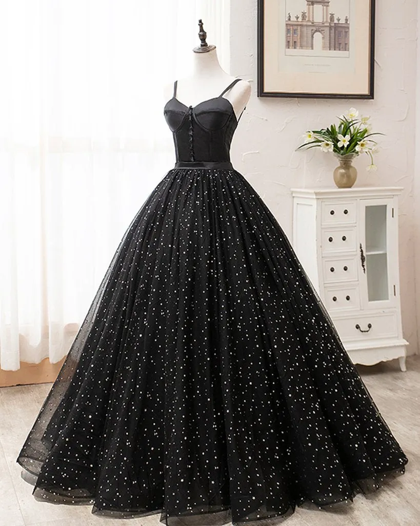 Black Tulle Satin Sweetheart Neck Long Prom Dress, Evening Dress KS7636