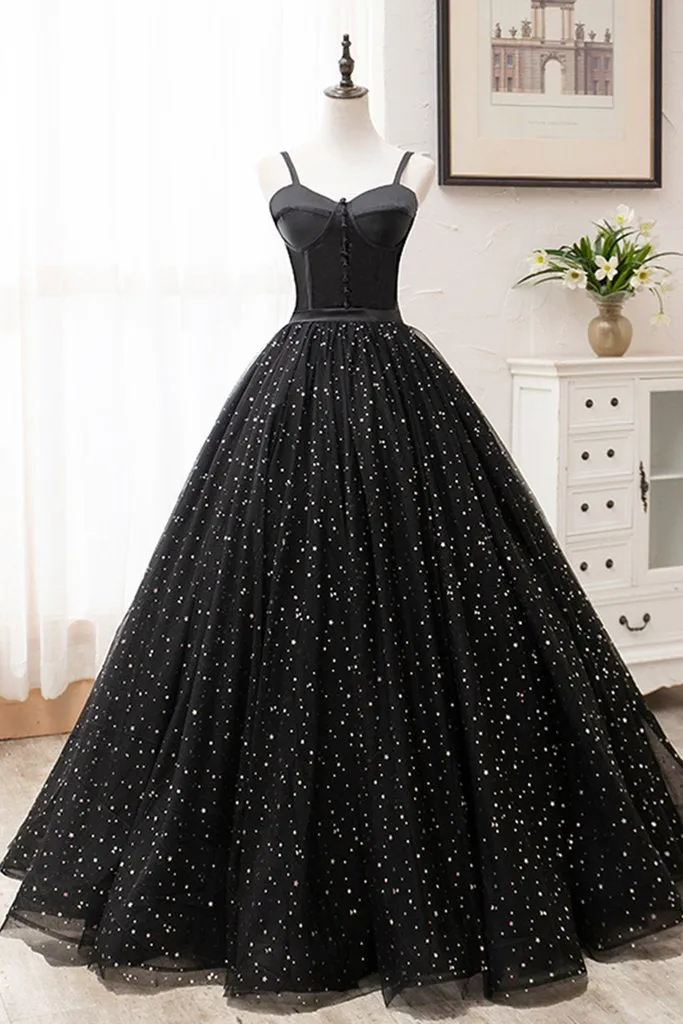 Black Tulle Satin Sweetheart Neck Long Prom Dress, Evening Dress KS7636