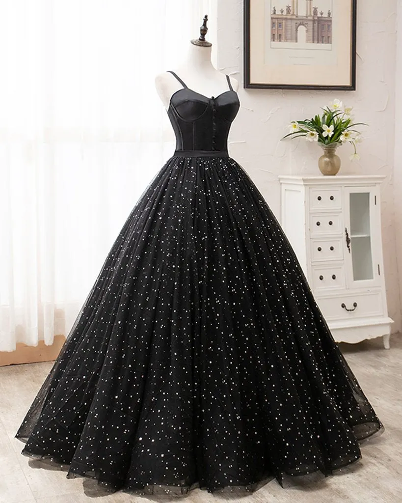 Black Tulle Satin Sweetheart Neck Long Prom Dress, Evening Dress KS7636