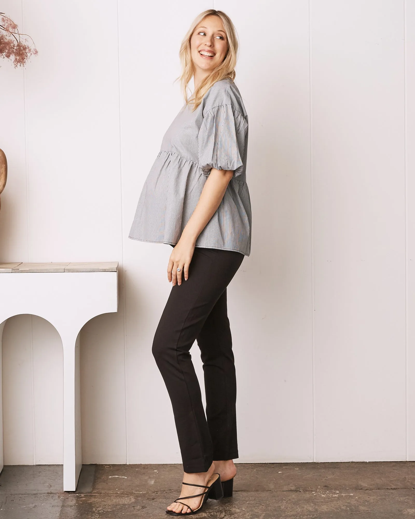 Brigitte Maternity Cotton Blouse Top - Grey Stripe