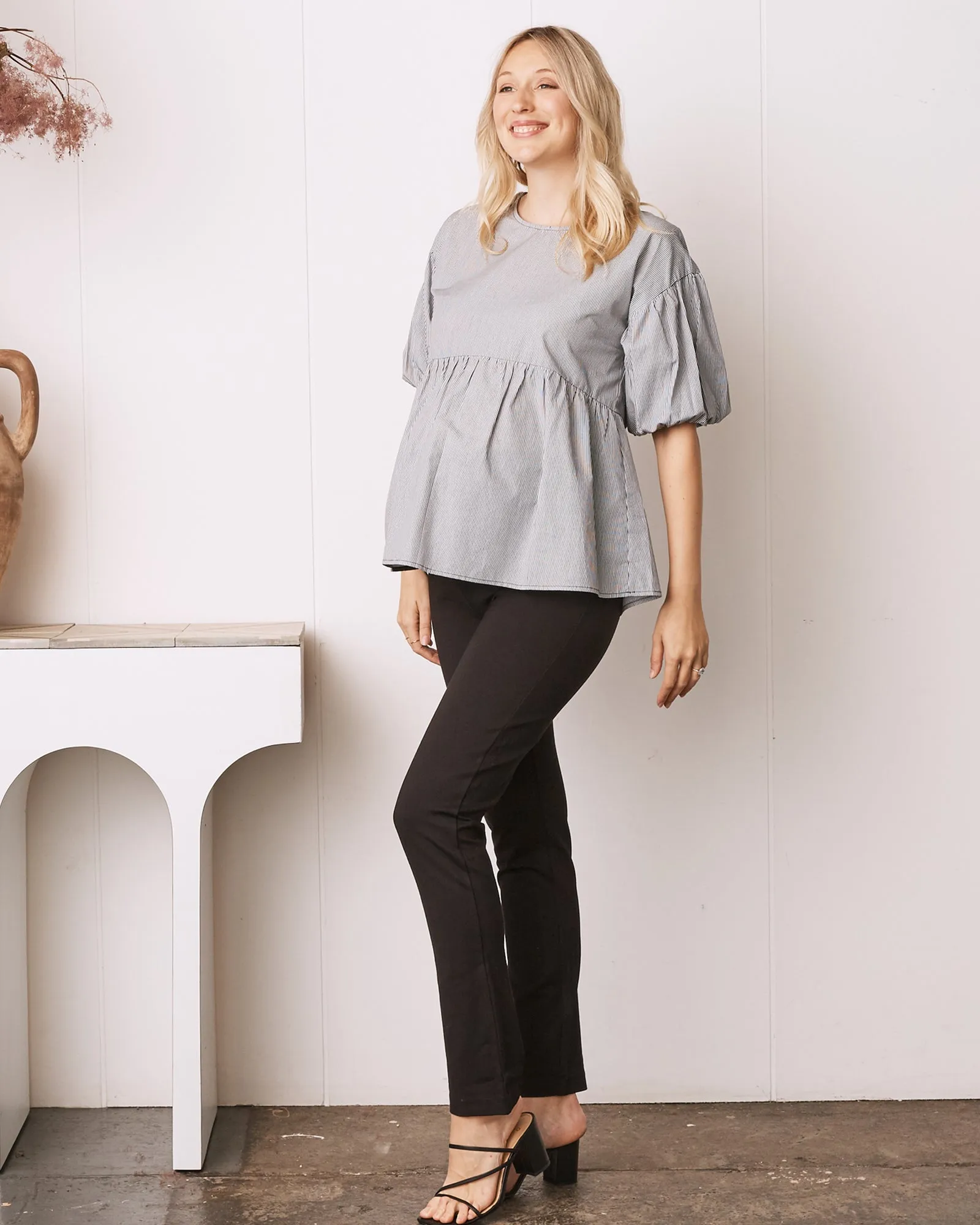 Brigitte Maternity Cotton Blouse Top - Grey Stripe