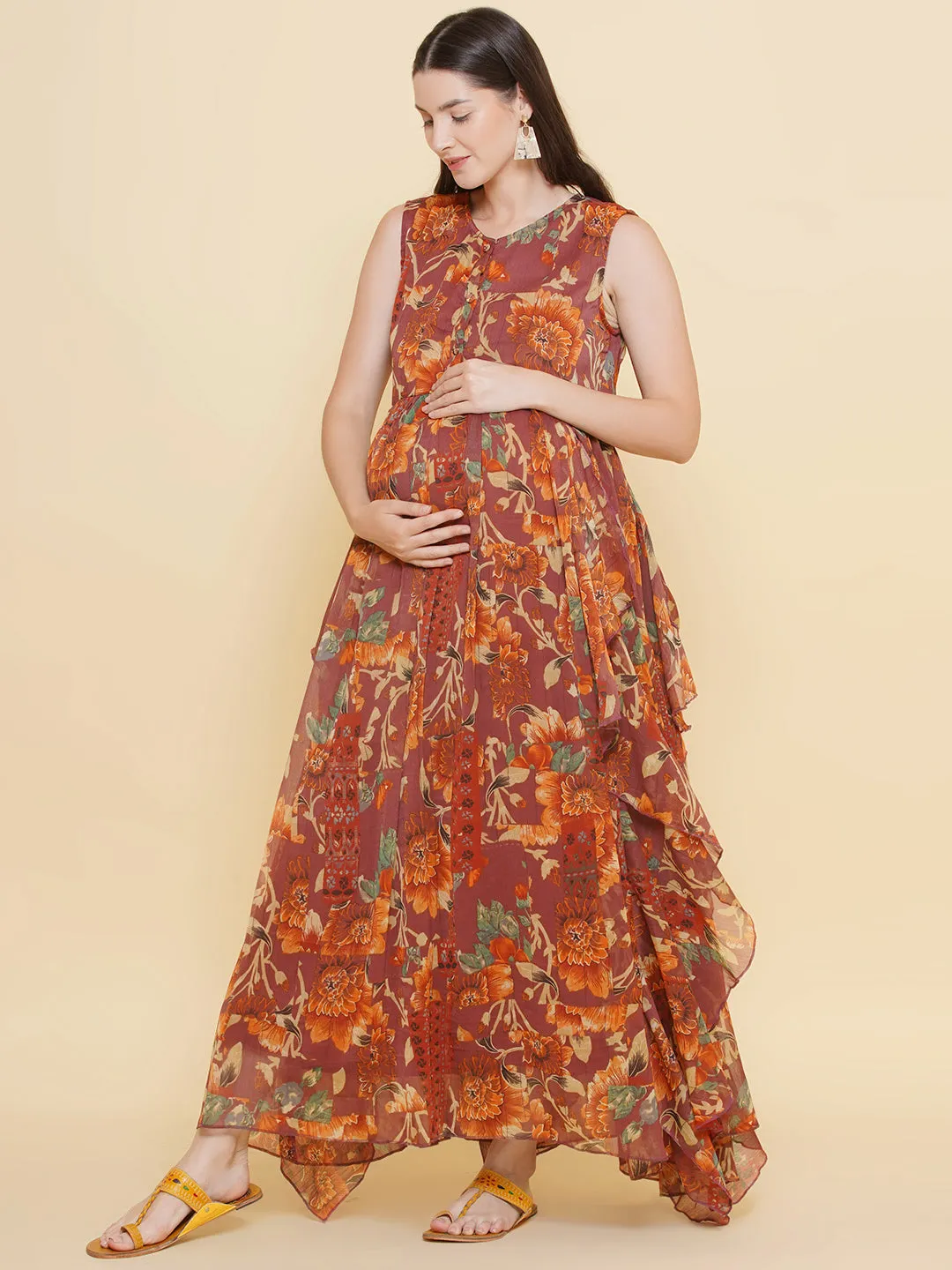 Brown Printed Maxi Maternity Baby Shower Dress