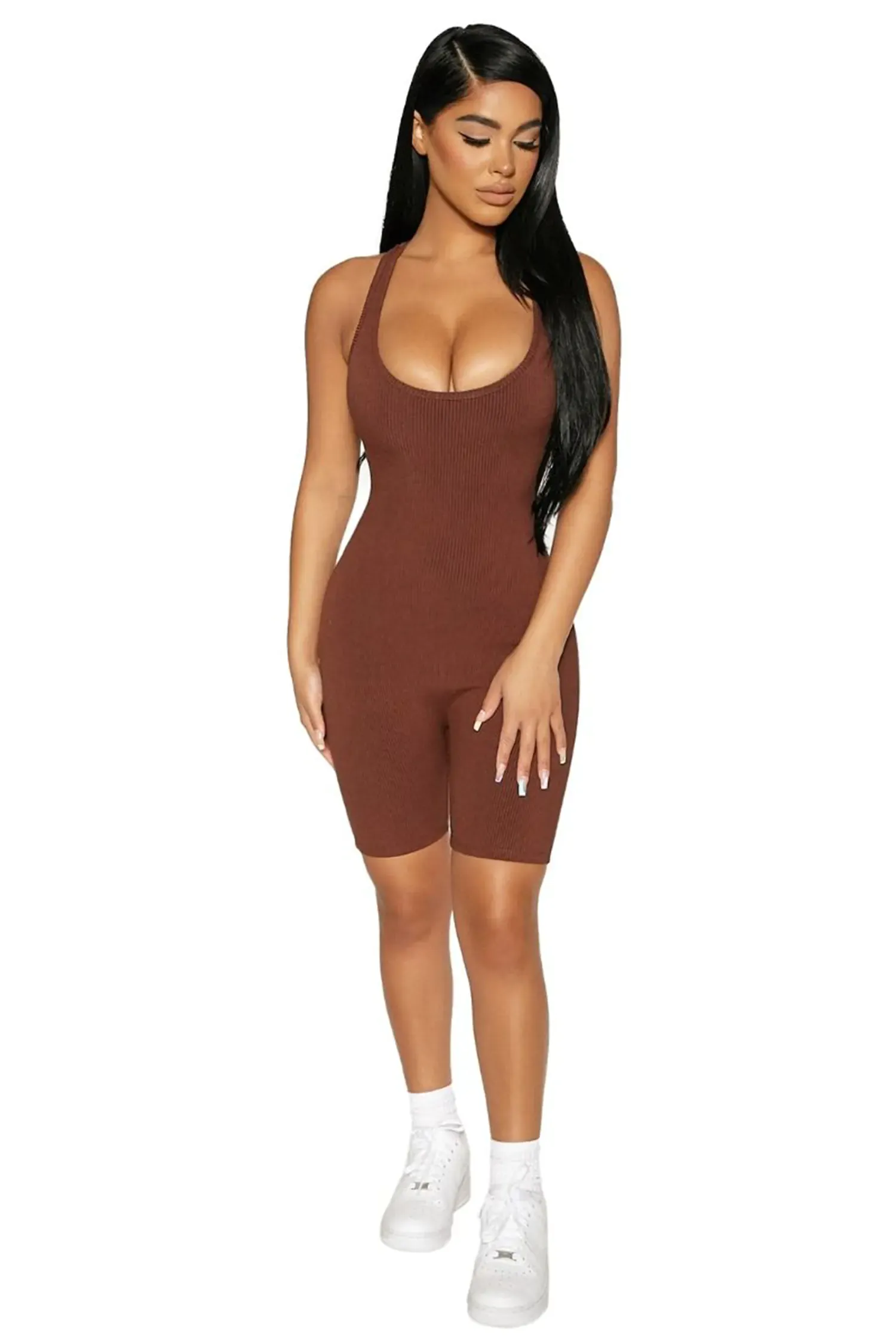 Brown Sleeveless Racerback Ribbed Biker Shorts Romper