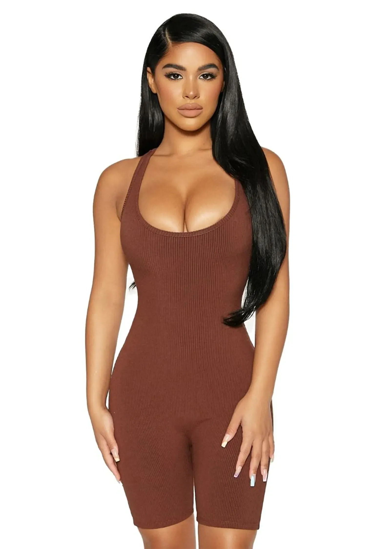 Brown Sleeveless Racerback Ribbed Biker Shorts Romper