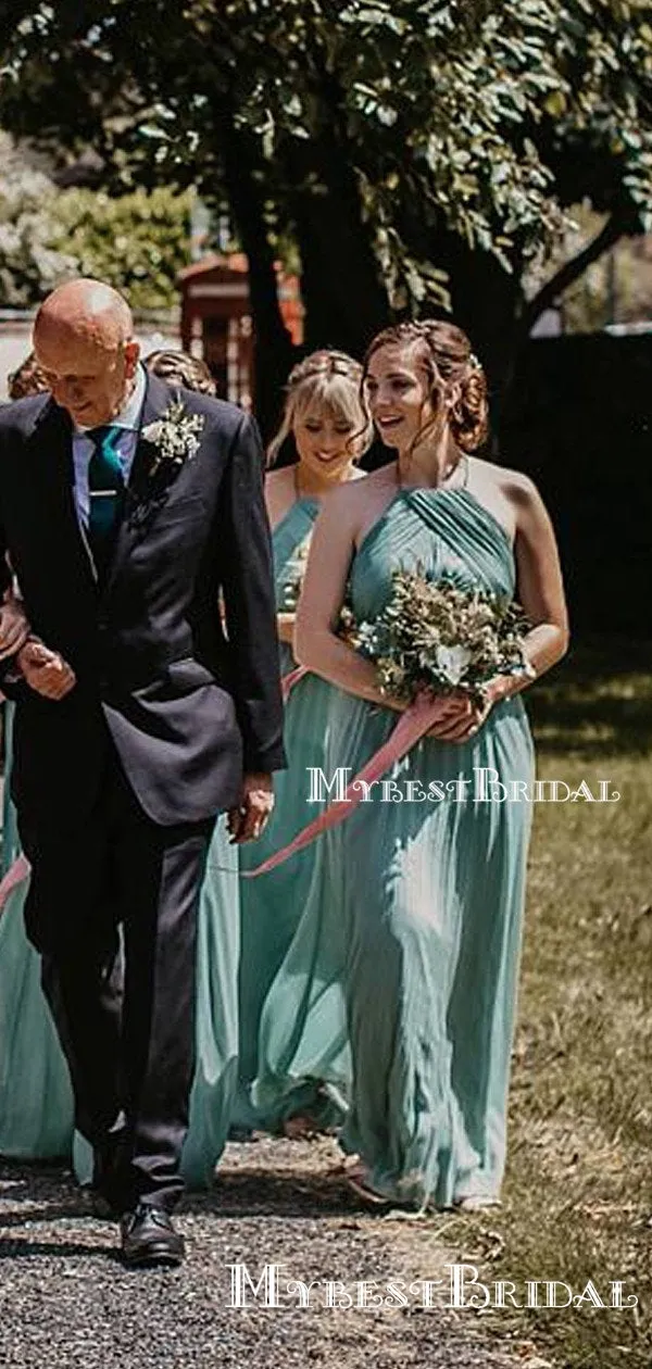 Charming Mint Chiffon Halter Strap Sleeveless Long A-line Cheap Bridesmaid Dresses, TYP0101