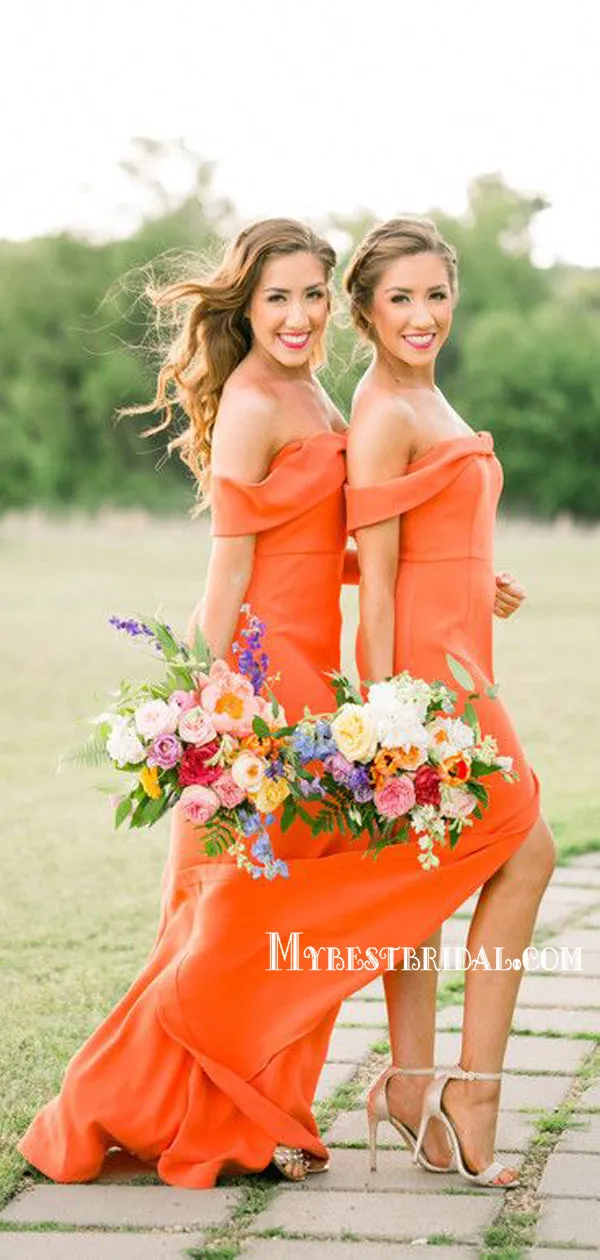 Charming Off-The-Shoulder Orange Satin Sidei Slit Mermaid Long Cheap Bridesmaid Dresses, BDS0019