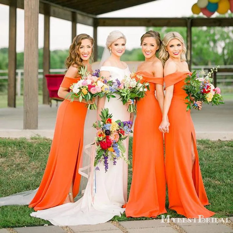 Charming Off-The-Shoulder Orange Satin Sidei Slit Mermaid Long Cheap Bridesmaid Dresses, BDS0019