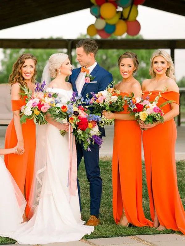 Charming Off-The-Shoulder Orange Satin Sidei Slit Mermaid Long Cheap Bridesmaid Dresses, BDS0019