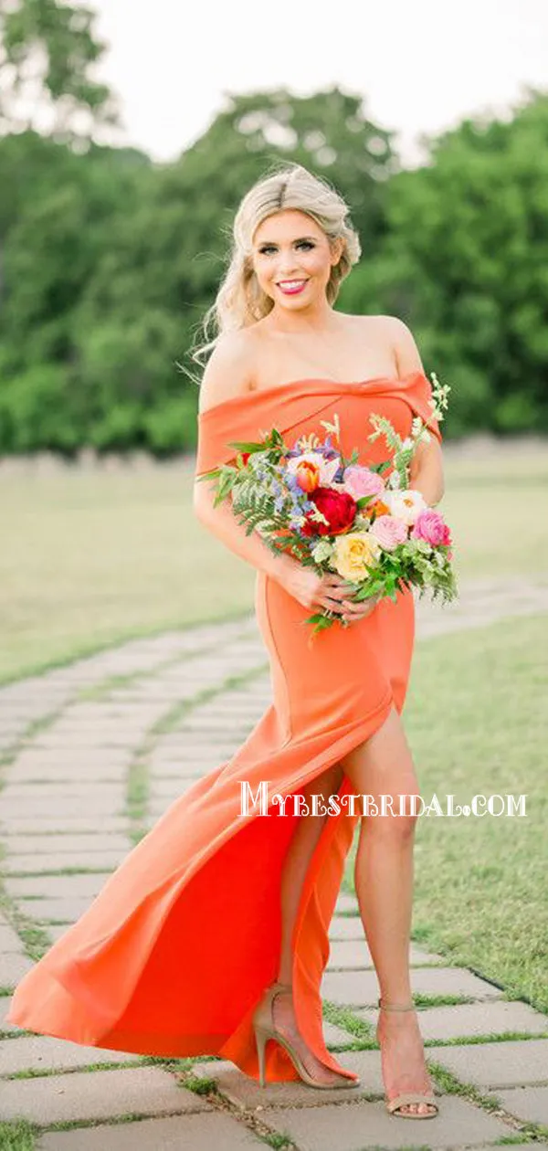 Charming Off-The-Shoulder Orange Satin Sidei Slit Mermaid Long Cheap Bridesmaid Dresses, BDS0019