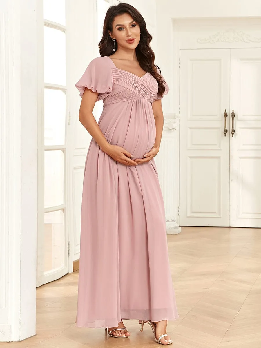 Chiffon Pleated V-Neck Tie-Back A-Line Maternity Dress