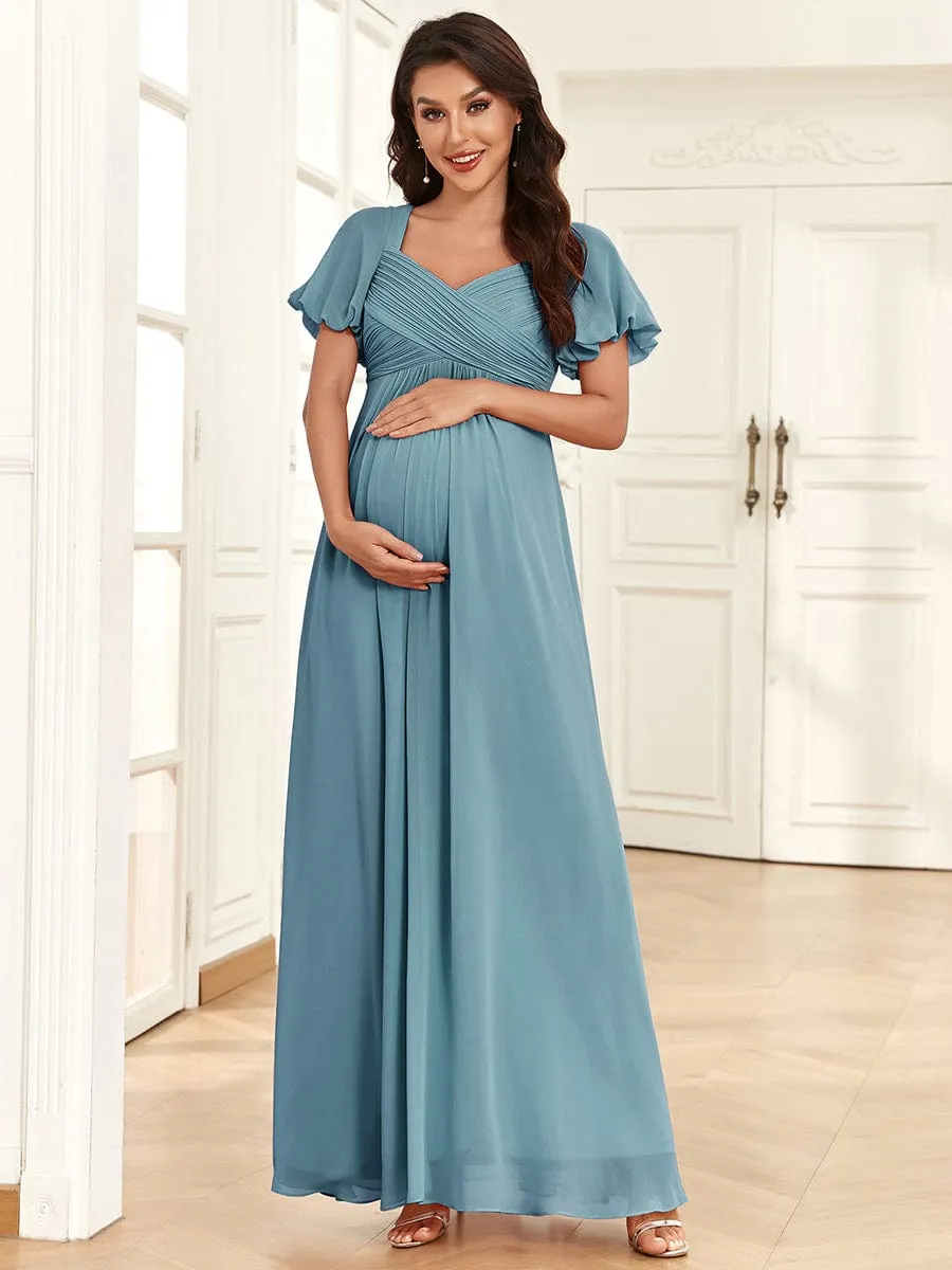 Chiffon Pleated V-Neck Tie-Back A-Line Maternity Dress