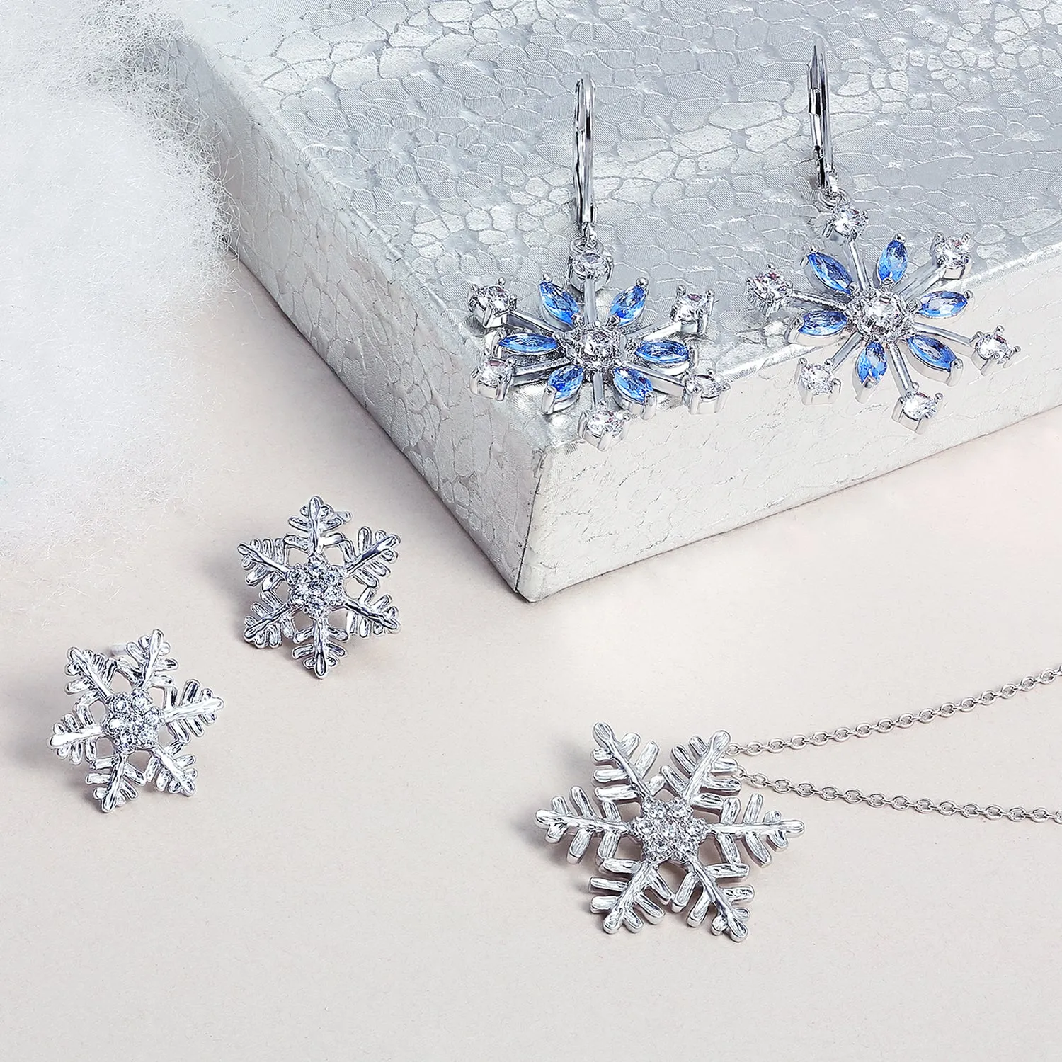 Christmas Set Branch Snowflake Pendant Blue CZ Necklace Stud Earring .925 Silver