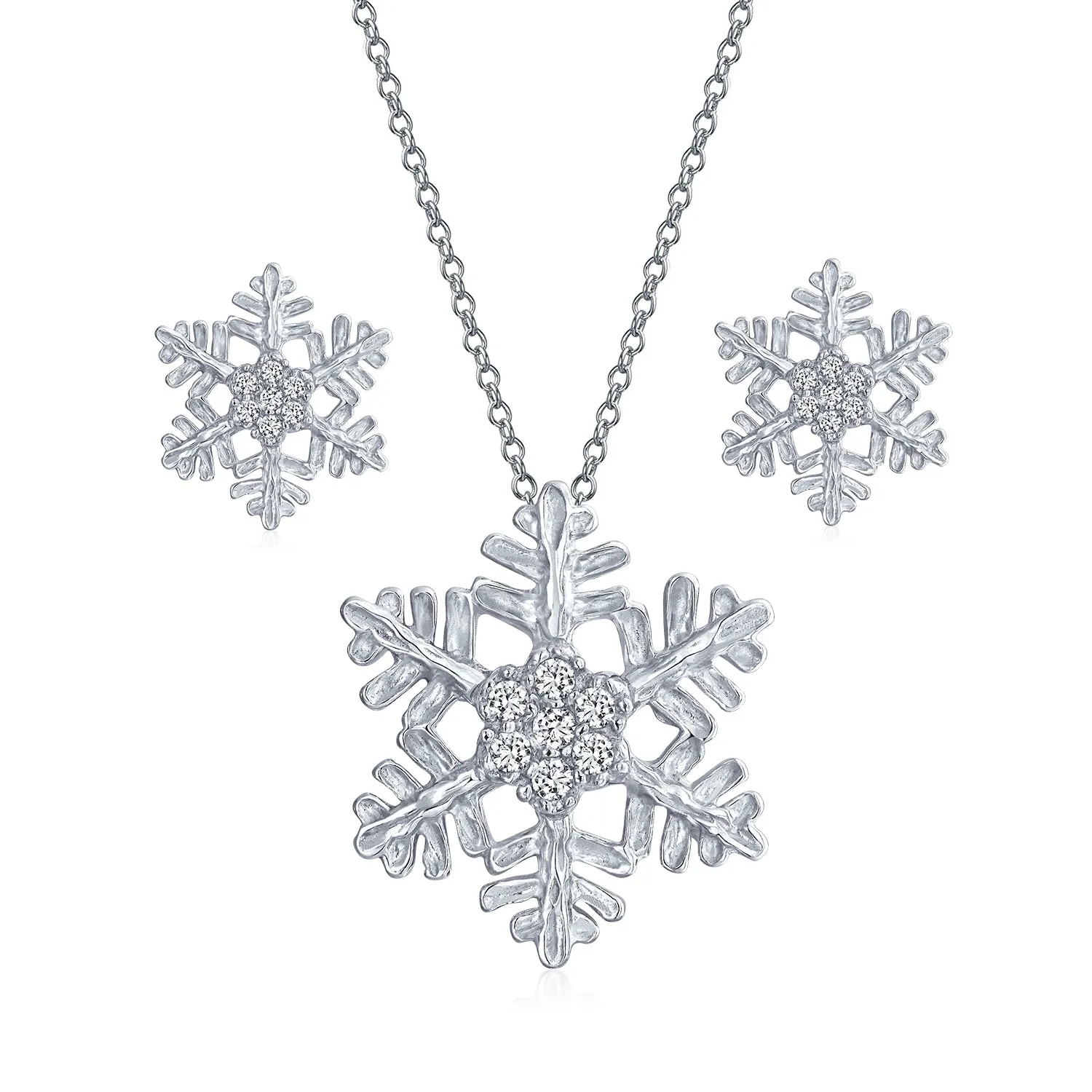 Christmas Set Branch Snowflake Pendant Blue CZ Necklace Stud Earring .925 Silver