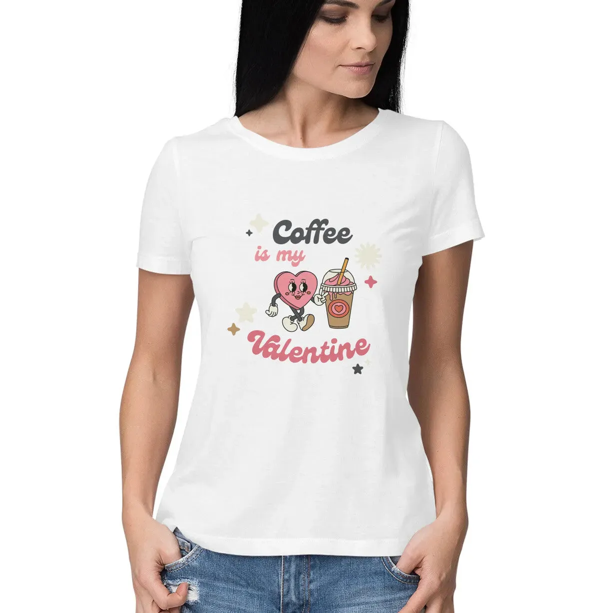 Coffee Valentine Typographic Half Sleeves Cotton T-shirt for Women