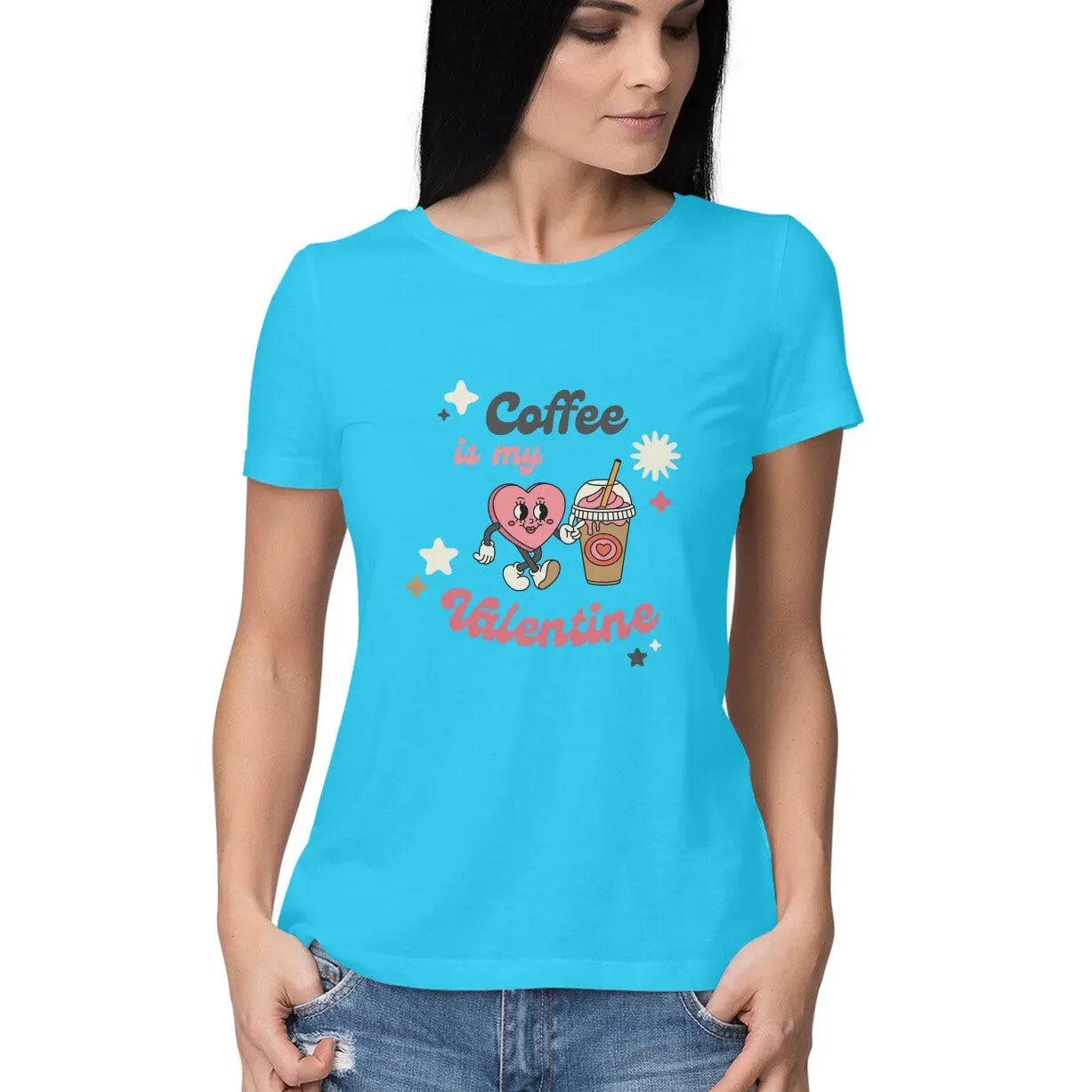 Coffee Valentine Typographic Half Sleeves Cotton T-shirt for Women