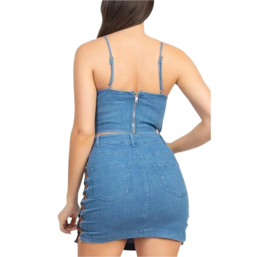 Corset & Split Denim Mini Skirt Set