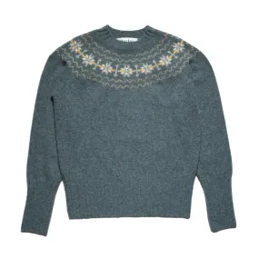 Crew Neck Jumper with Fair Isle Yoke - Graphite Green