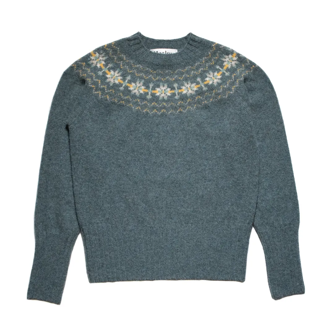 Crew Neck Jumper with Fair Isle Yoke - Graphite Green