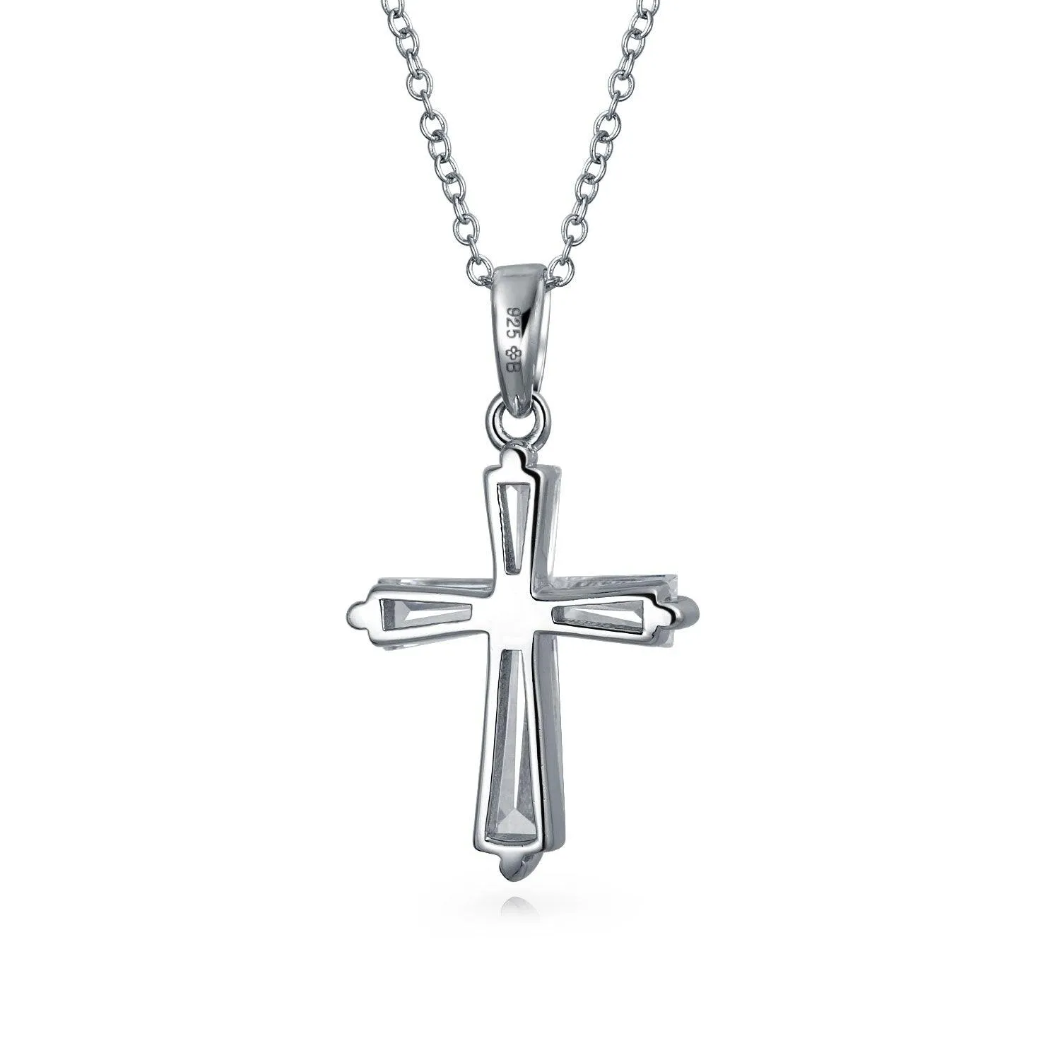 Dainty Bridal Baguette AAA CZ Cross Pendant Necklace Sterling Silver