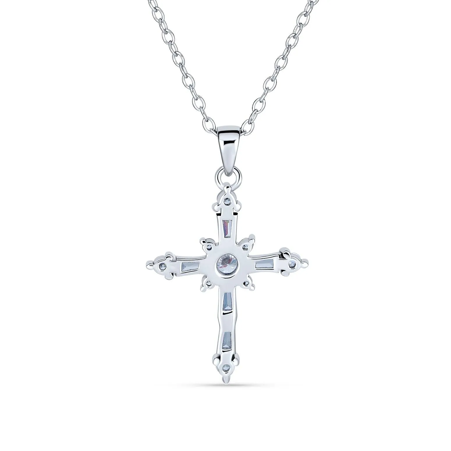 Dainty Bridal Baguette AAA CZ Cross Pendant Necklace Sterling Silver