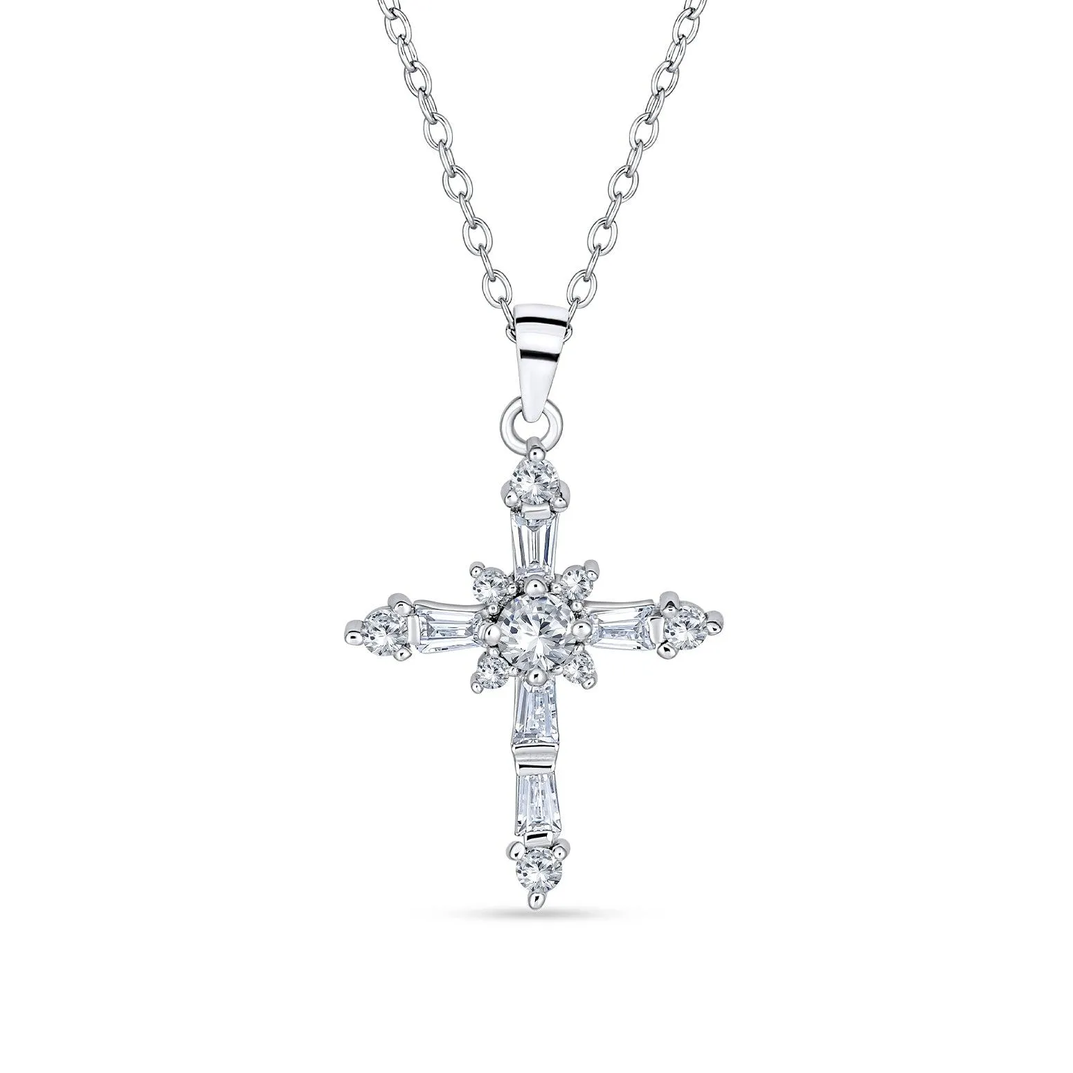 Dainty Bridal Baguette AAA CZ Cross Pendant Necklace Sterling Silver