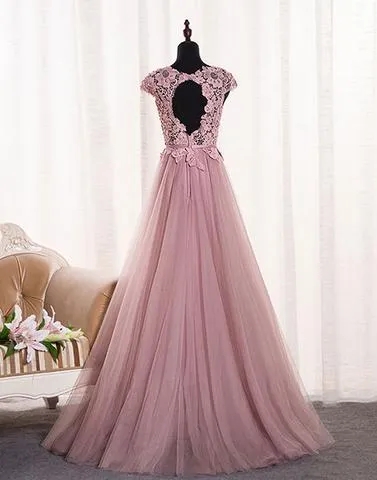 Dusty Pink Open Back Cap Sleeve Custom Long Evening Prom Dresses, 17722